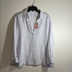Martha Stewart Blue and White Striped Casual Button-Down Shirt linen medium